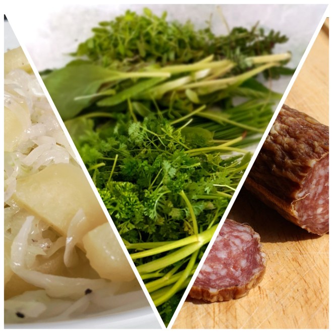 Eine Collage aus drei Bildern, welche die drei wichtigen hessischen Gerichte darstellen. Handkäse, Grüne Soße und Ahle Wurst.