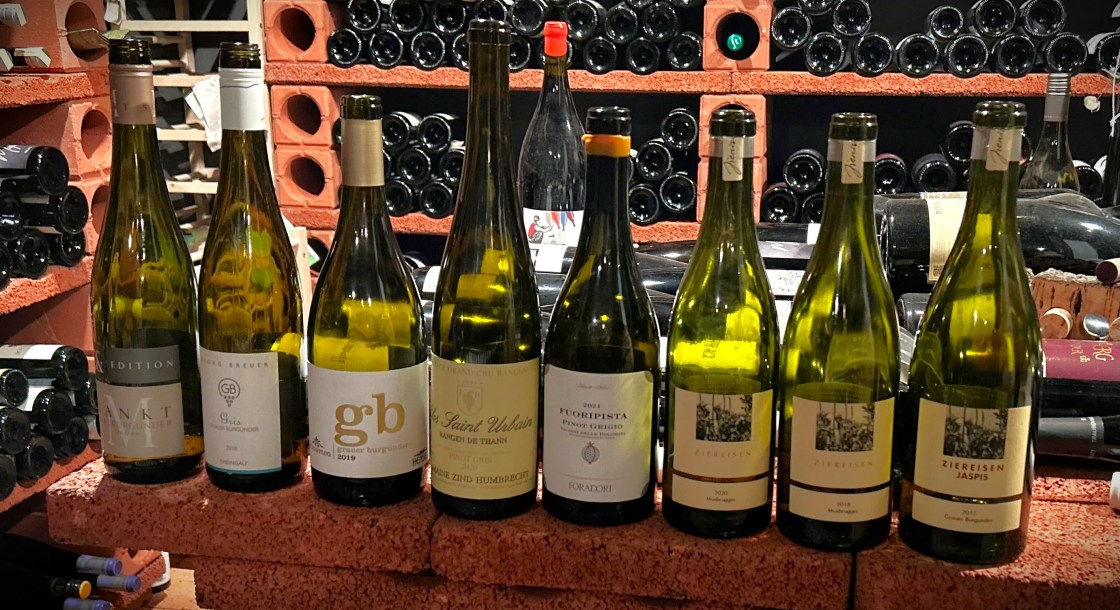 Mehrere Flaschen Wein in einer Reihe in einem gut gefüllten großen Weinkeller